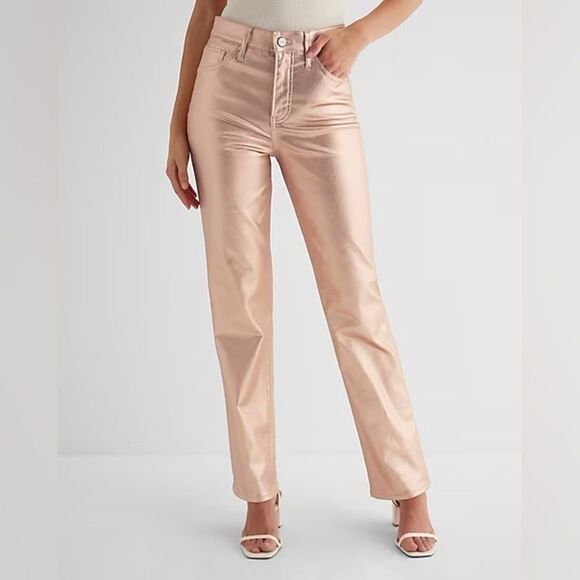 NWT EXPRESS SIZE 0 High Waisted Metallic Coated Modern Straight Jeans rose gold - Picture 1 of 7